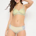 Padded Non-Wired Full Cup Chevron Print T-shirt Bra & Mid-Waist Hipster Panty in Yellow