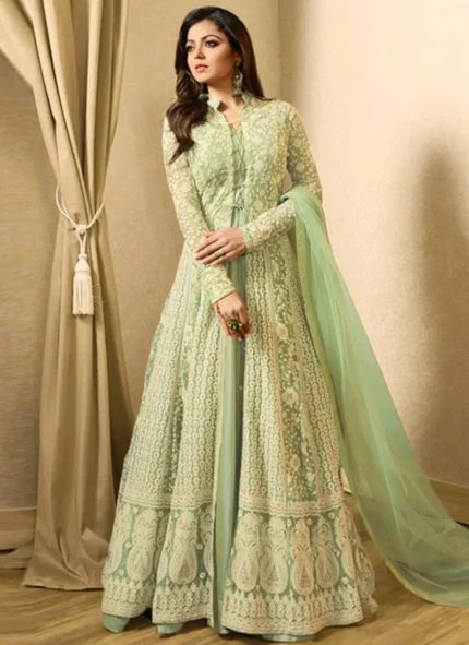 Greenish Grey Net Anarkali Suit