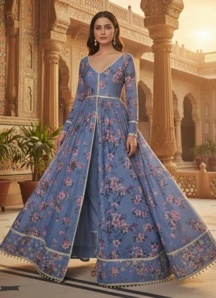 Blue Georgette Printed High Slit Anarkali Suit Festive Wear