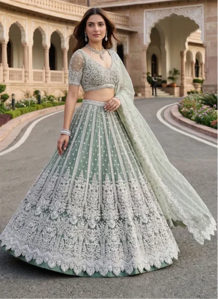 Alluring Green Sequins Net Engagement Wear Lehenga Choli With Dupatta
