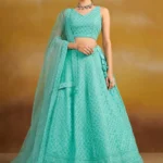 Turquoise Georgette Sequins Thread Embroidered Lehenga Choli