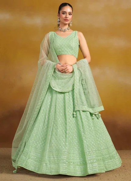 Mint Green Georgette Sequins Thread Embroidered Lehenga Choli