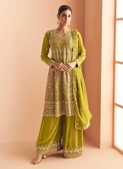 Graceful Yellow Georgette Embroidered Sequins Thread Palazzo Suit Festive Wear