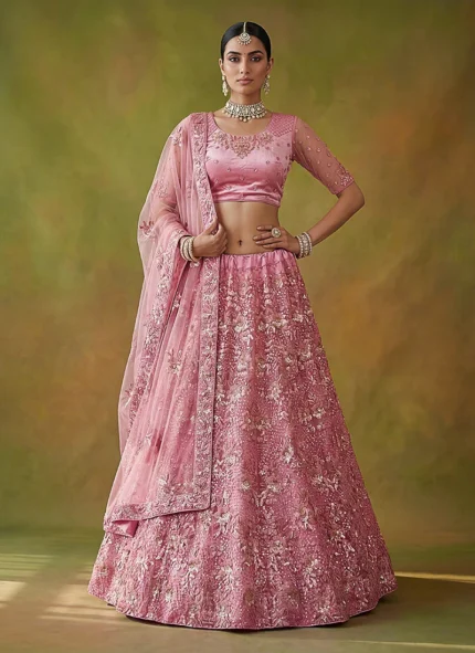 Net Bridal Lehenga in Pink and Majenta with Sequence work