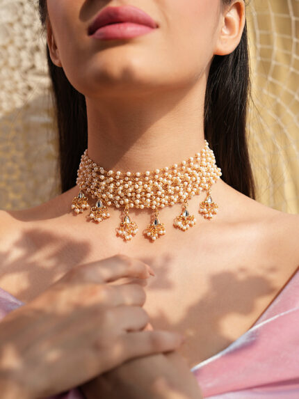 Layered Pearl Choker Necklace With Gold Beaded Pendants