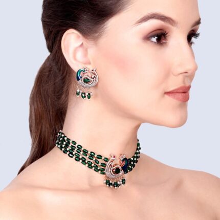 Royal Peacock Birdstone Green Beads Necklace Set