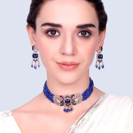 Alankara - Royal Blue Beaded Peacock Necklace Set