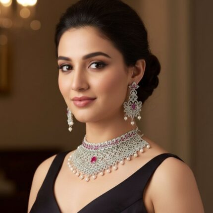 Elegant Rhodium-Plated CZ Choker Necklace Set with Matching Earrings for Women