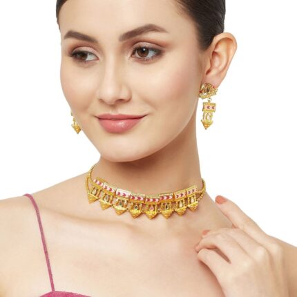 Traditional Dual-Tone Choker Jewellery Set with Matching Earrings – Gold & Silver Finish