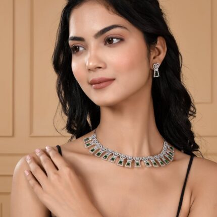 Emerald Cut Cz Embellished Silver Plated Brass Jewellery Set