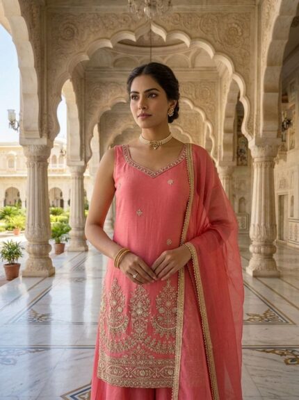 Pink Tissue Heavy Floral Beads Embroidered Three Piece Set