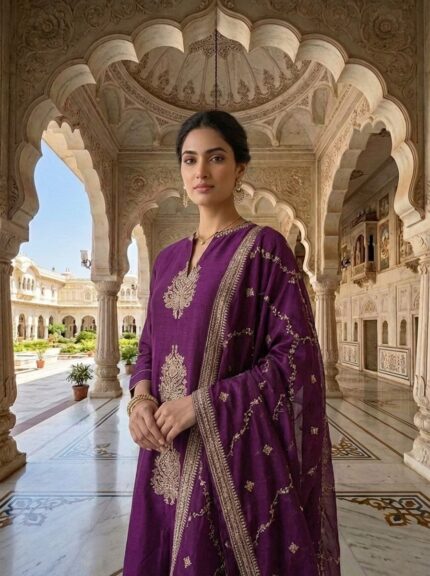 Wine Silk Paisley Thread Embroidered Three Piece Set