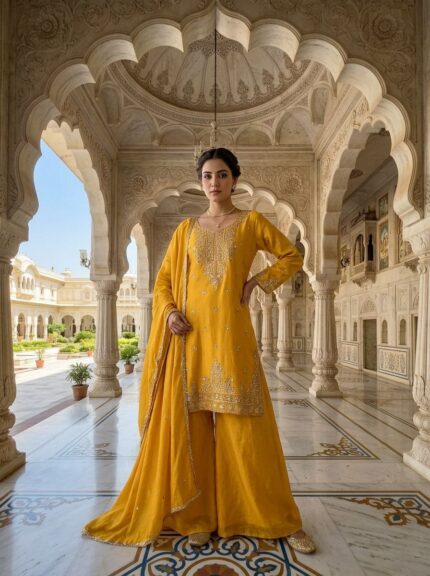 Mustard Chinon Beads And Sequins Embroidered Three Piece Set