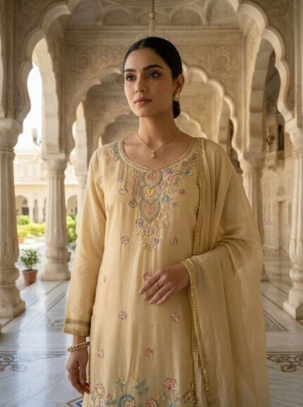 Beige Chinon Heavy Beads And Sequins Embroidered Three Piece Set