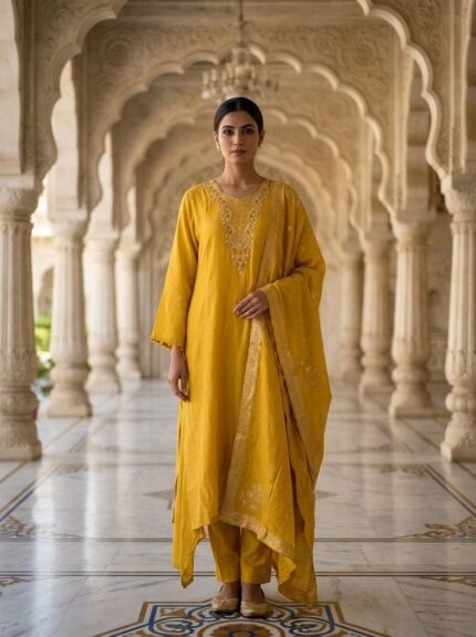 Yellow Muslin Beads And Sequins Embroidered Three Piece Set