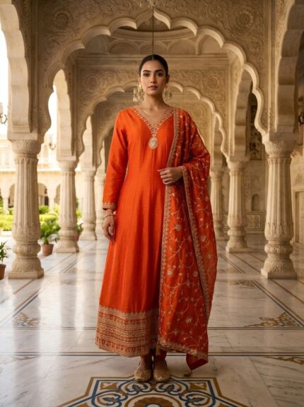 Orange Silk Sequins And Zari Embroidery Three Piece Set