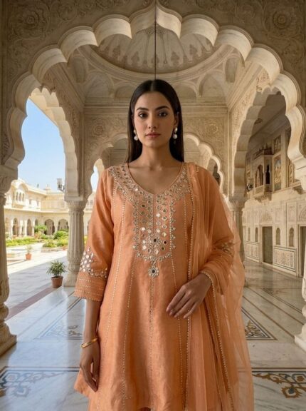 Peach Tissue Mirror Embroidery Three Piece Set