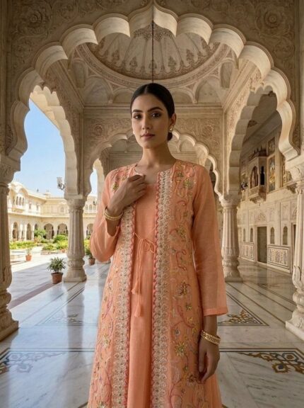 Peach Organza Floral Thread Embroidery Anarkali With Jacket