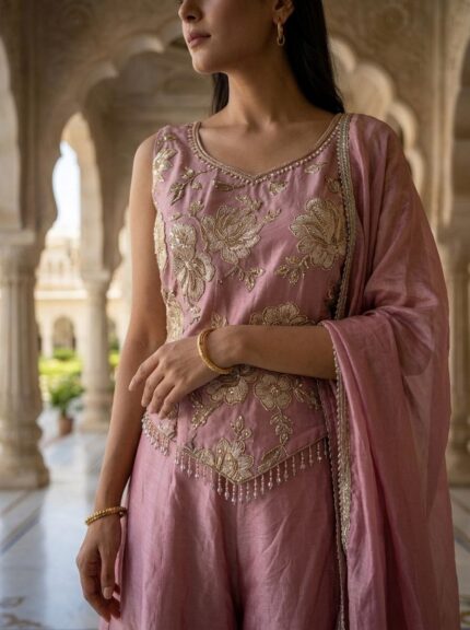 Lilac Tissue Beads And Zari Embroidery Kurti And Palazzo Set