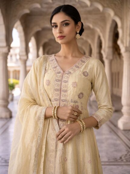 Cream Tissue Beads And Sequins Embroidered Three Piece Set