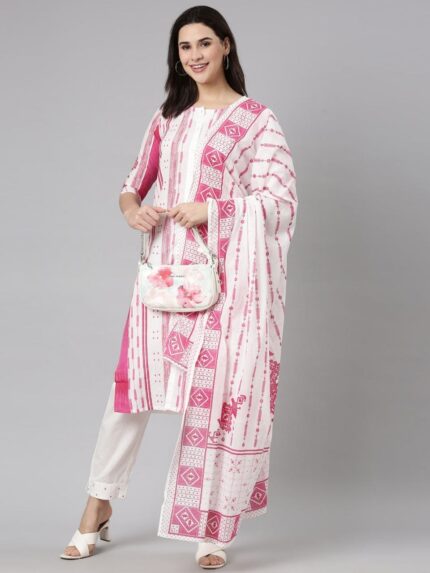Neerus Pink Regular Straight Textured Kurta And Trousers With Dupatta