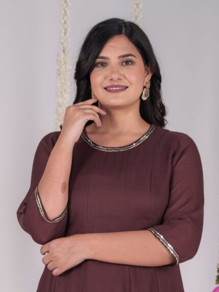 Embroidered Cotton Voile Solid Anarkali Brown Kurta Set