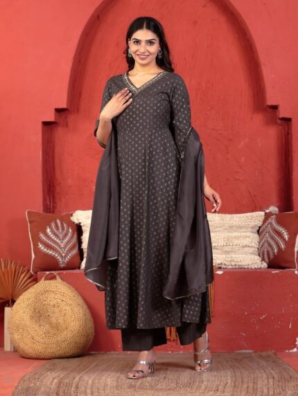 Embroidered Roman Silk Gold Foil Anarkali Grey Kurta Set