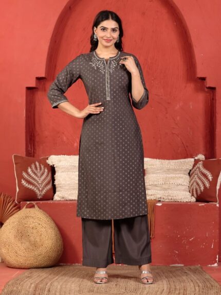 Embroidered Chanderi Gold foil Straight Grey Kurta, Palazzo & Dupatta