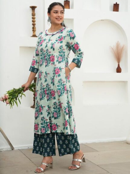 Embroidered Kantha Cotton Floral Flared Off White Kurta & Palazzo