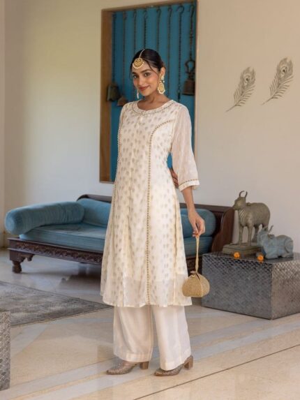 Embroidered Georgette Gold foil Flared Off White Kurta Set