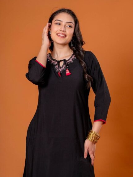 Embroidered Chanderi Solid Straight Black Kurta Set
